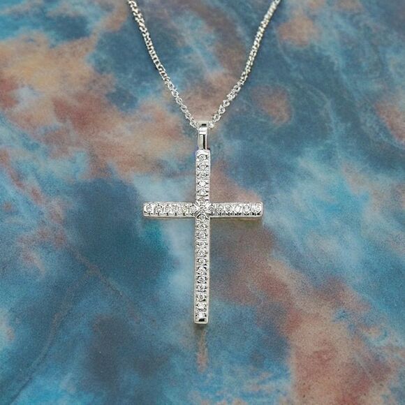 Natural Diamond Cross Pendant 17" Chain 14k White Gold 0.41 TCW Certified 307921 - Picture 9 of 13